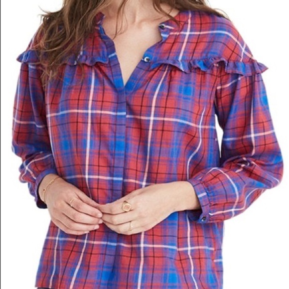 Madewell Plaid Ruffle Button Down Small - Picture 1 of 6